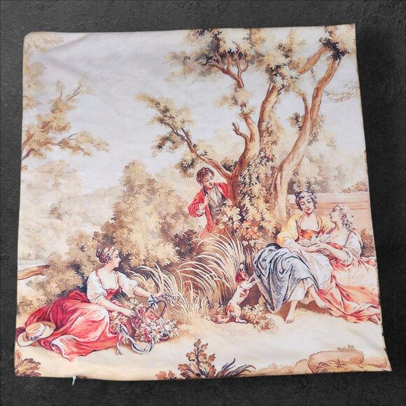 Vintage French Rococo Print Pillow Cover 17" Square Invisible Zipper Romance - Picture 2 of 4